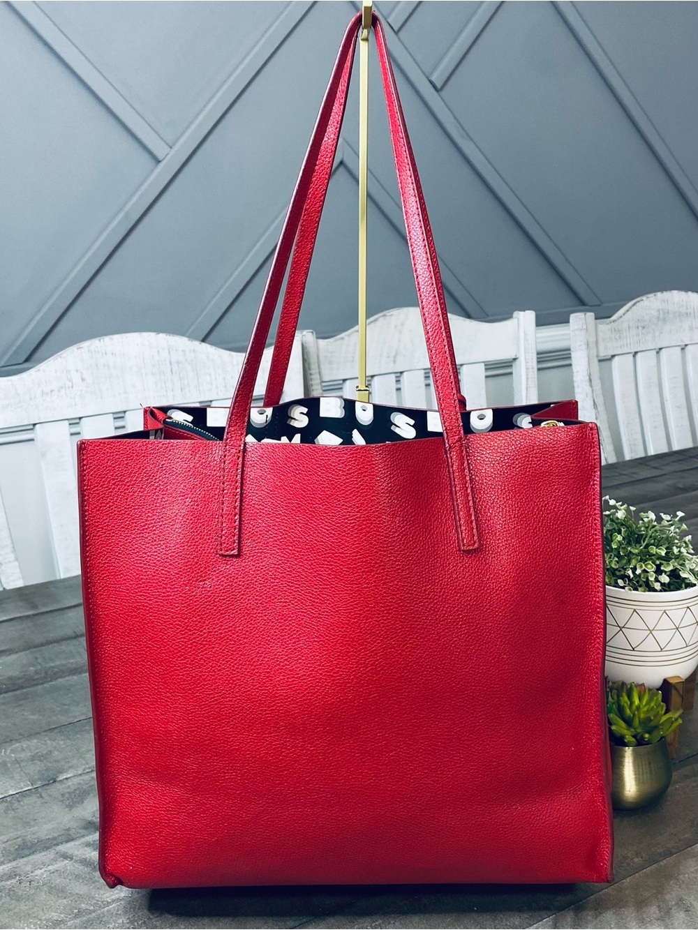 Marc Jacobs The Grind Leather Tote Bag Fire Red Gold Hardware Padlock Charm - Picture 7 of 14